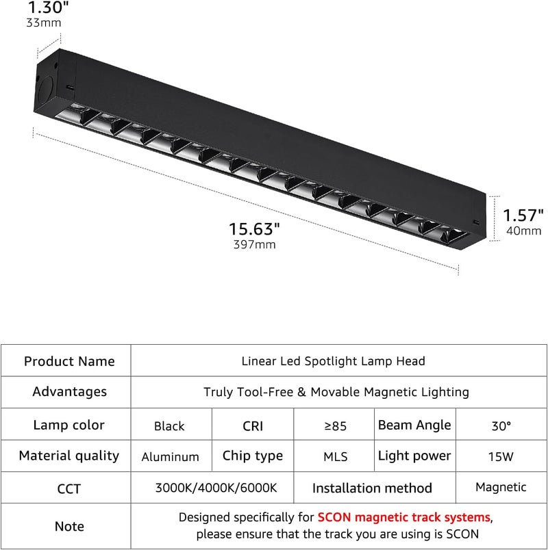 SCON 15W Adjustable CCT Linear LED Spotlight Lamp Head, 24V Magnetic Track Head, 3 CCT for Recessed/Ceiling Track Lighting Systems, Track Lighting Fixture for Kitchen Living Room Office, 2 Pack - Image 4